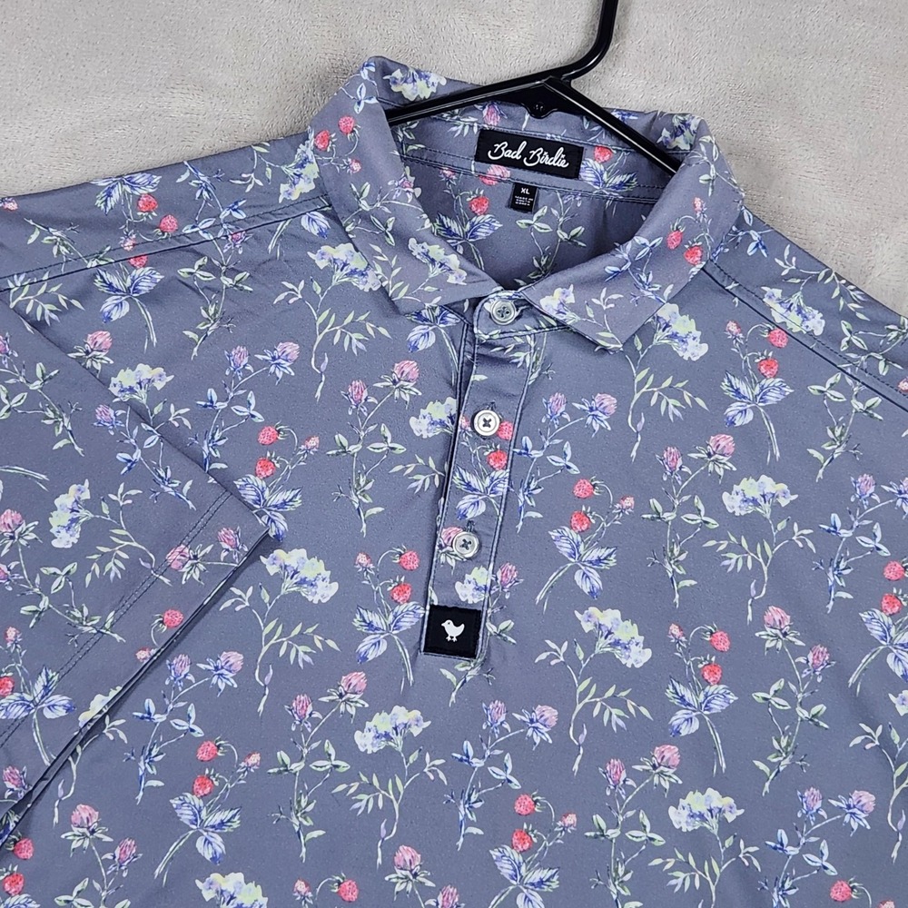 Bad Birdie Polo Shirt Mens XL Gray Floral Golf Performance Stretch Short Sleeve